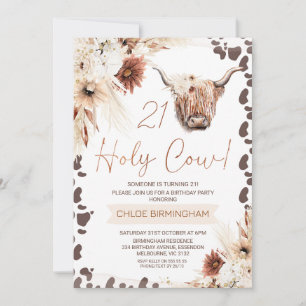 Brown Boho Floral Holy Cow Highland 21st Birthday Invitation