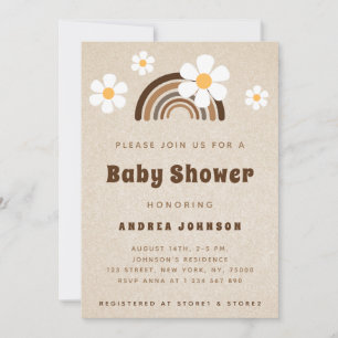 Brown Boho Rainbow & Daisy Floral Sand Baby Shower Invitation