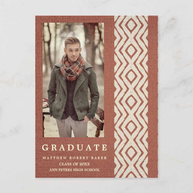 Brown Boho Tribal Textile Texture Photo Graduation Announcement Postcard (Front)
