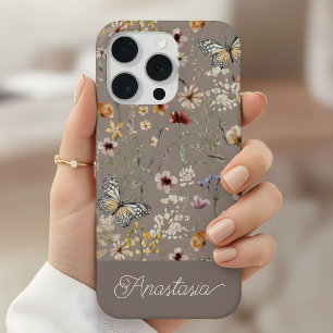 Brown Boho Watercolor Wildflowers Pattern  iPhone 15 Pro Case