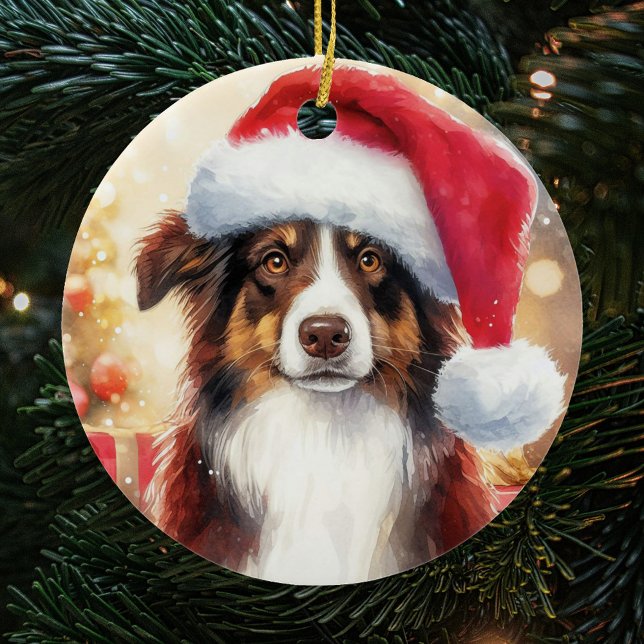 Brown Border Collie Santa Hat Christmas Ceramic Tree Decoration (Creator Uploaded)