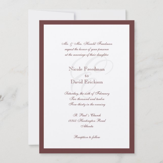 Brown border shimmer traditional monogram wedding invitation (Front)