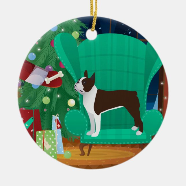 Brown Boston Terrier and Santa's Gift Ceramic Tree Decoration (Front)
