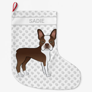 Brown Boston Terrier Cartoon Dog & Custom Name Large Christmas Stocking