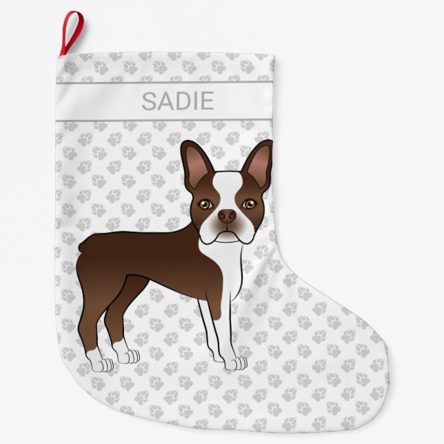 Brown Boston Terrier Cartoon Dog & Custom Name Large Christmas Stocking (Front)