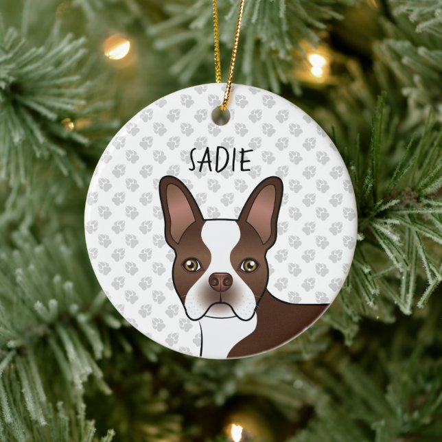 Brown Boston Terrier Cartoon Dog Head & Dog's Name Ceramic Tree Decoration (Tree)