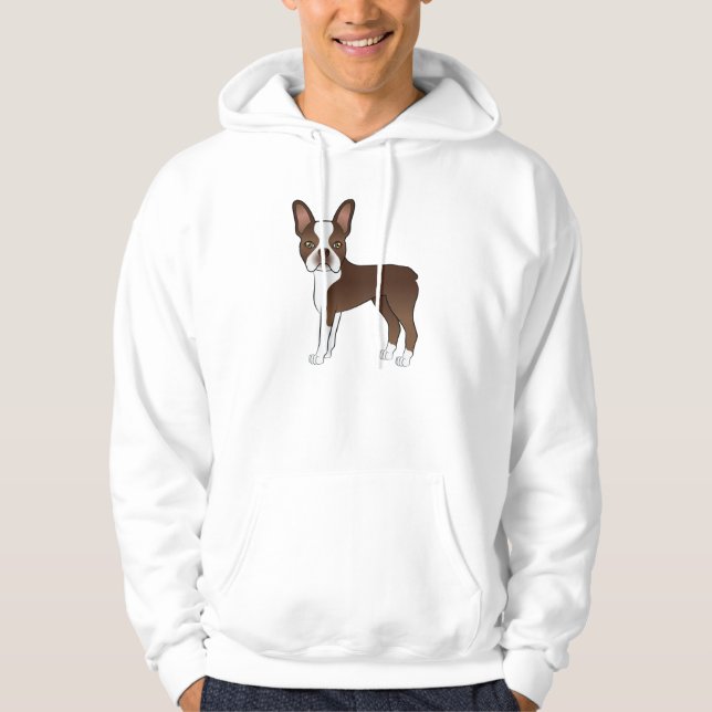 Brown Boston Terrier Cute Cartoon Dog Drawing Hoodie (Front)
