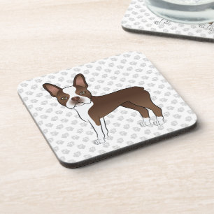Brown Boston Terrier Cute Cartoon Dog & Gray Paws Coaster