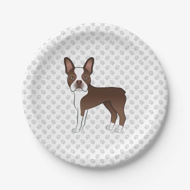 Brown Boston Terrier Cute Cartoon Dog & Grey Paws Paper Plate (Front)