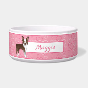 Brown Boston Terrier Dog On Pink Hearts And Name