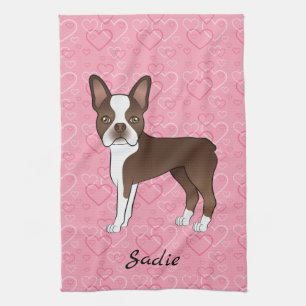 Brown Boston Terrier Dog On Pink Hearts And Name Tea Towel