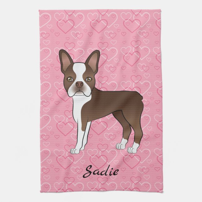 Brown Boston Terrier Dog On Pink Hearts And Name Tea Towel (Vertical)