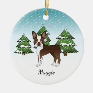 Brown Boston Terrier In A Winter Forest & Name Ceramic Tree Decoration