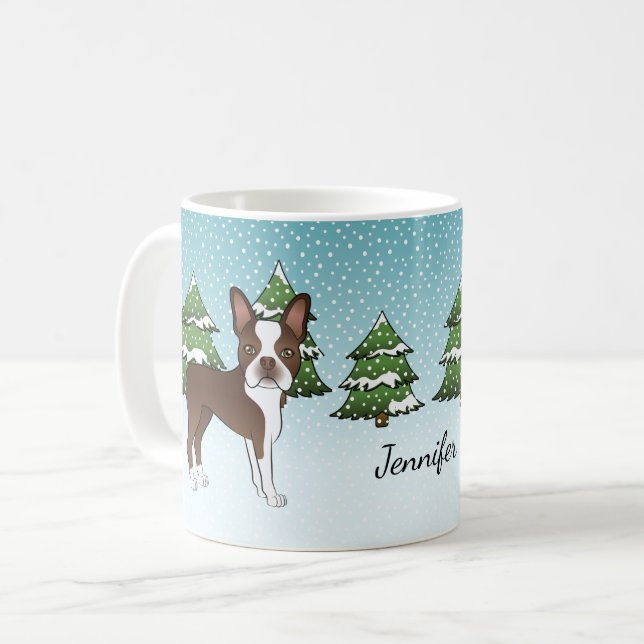 Brown Boston Terrier In A Winter Forest & Name Coffee Mug (Front Left)