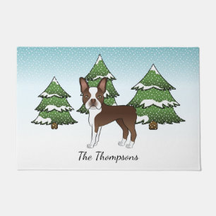 Brown Boston Terrier In A Winter Forest & Name Doormat