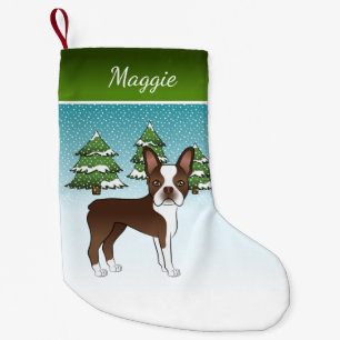 Brown Boston Terrier In A Winter Forest & Name Small Christmas Stocking
