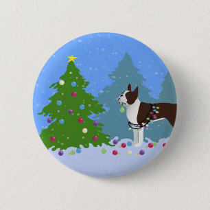 Brown Boston Terrier in Christmas Forest 6 Cm Round Badge