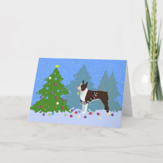 Brown Boston Terrier in Christmas Forest Holiday Card
