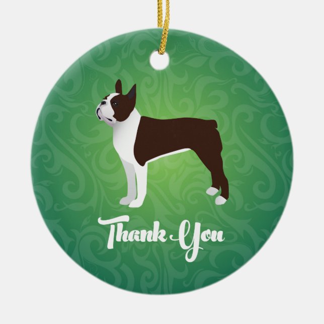 Brown Boston Terrier Thank You Note Design Ceramic Tree Decoration (Front)