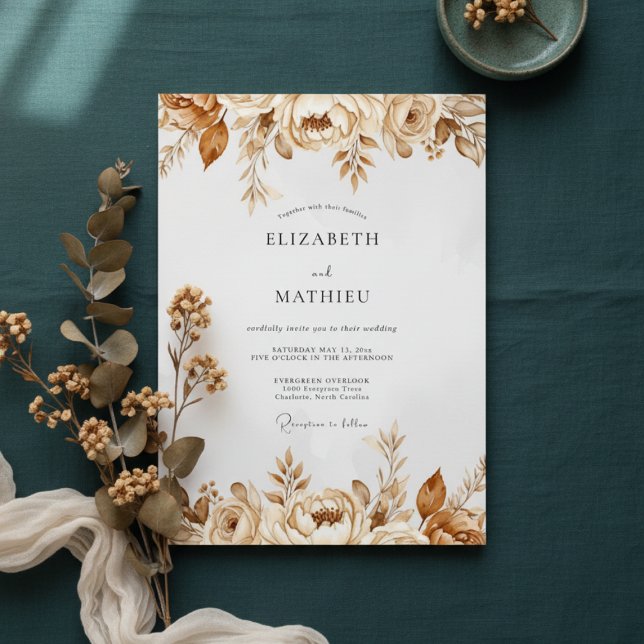 Brown Botanical Flourish Wedding Invitation (Creator Uploaded)