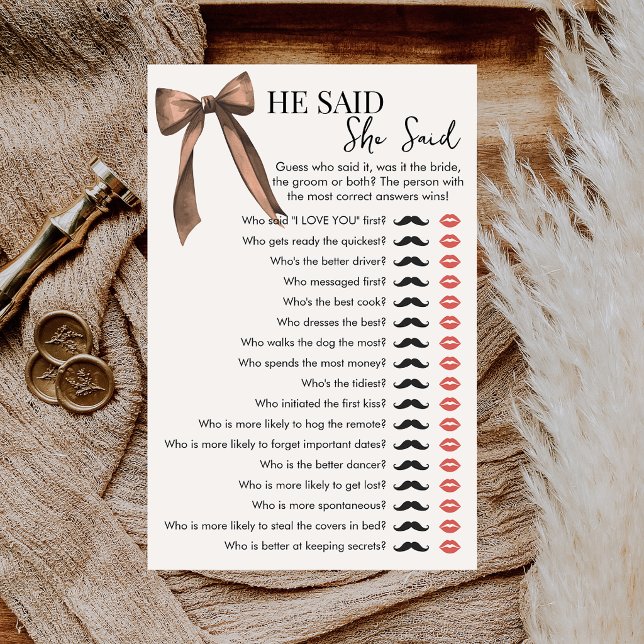 Brown Bow He Said She Said Bridal Shower Game (Creator Uploaded)