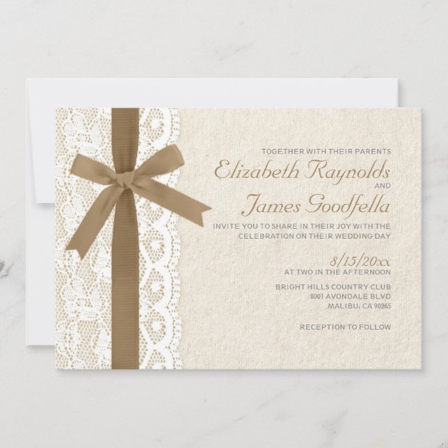 Brown Bow & Lace Wedding Invitations (Front)