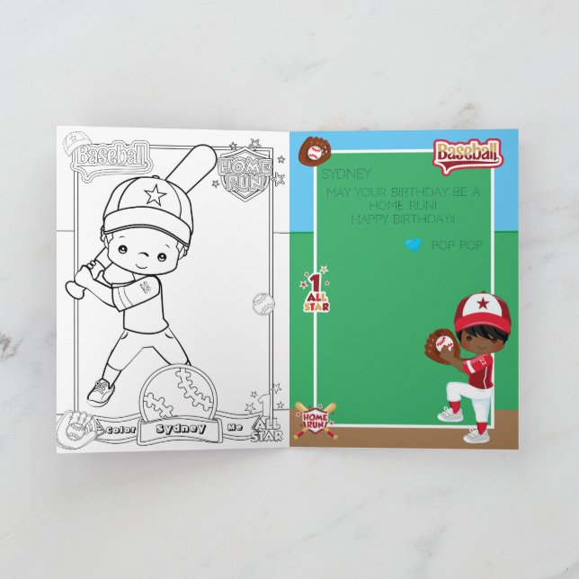 Brown Boys Baseball Colouring Page Happy Birthday Card (Inside)