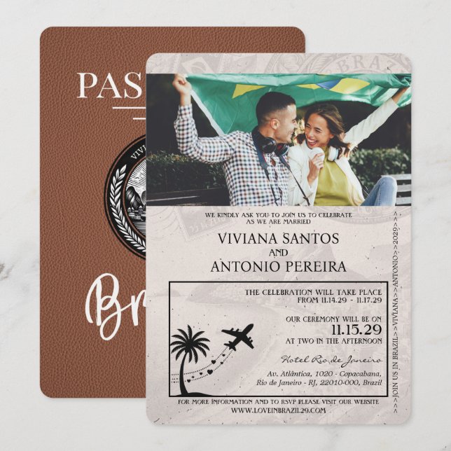 Brown Brazil Passport Wedding Invitation (Front/Back)
