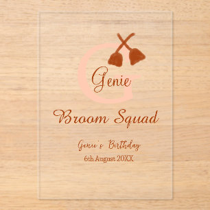 Brown broom Squad Birthday name peach monogram Acrylic Invitations