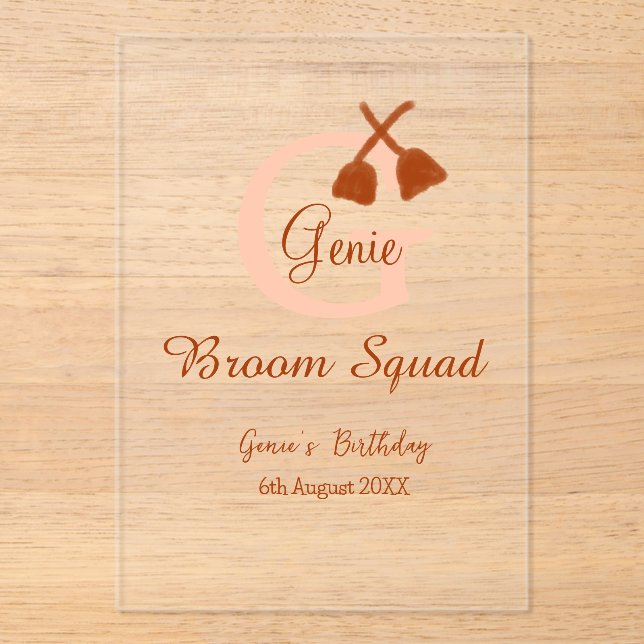 Brown broom Squad Birthday name peach monogram Acrylic Invitations (Front)