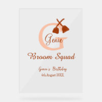 Brown broom Squad Birthday name peach monogram