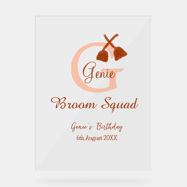 Brown broom Squad Birthday name peach monogram Acrylic Sign (Front)