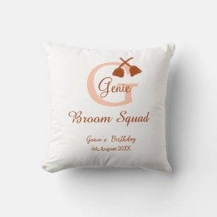Brown broom Squad Birthday name peach monogram Cushion