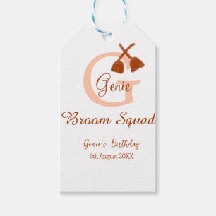 Brown broom Squad Birthday name peach monogram Gift Tags