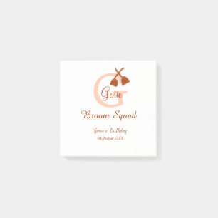 Brown broom Squad Birthday name peach monogram Post-it Notes