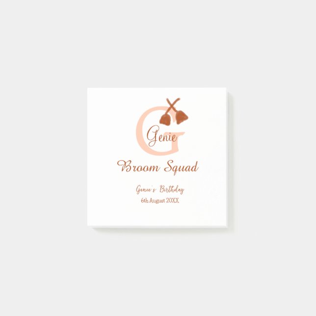 Brown broom Squad Birthday name peach monogram Post-it Notes (Front)