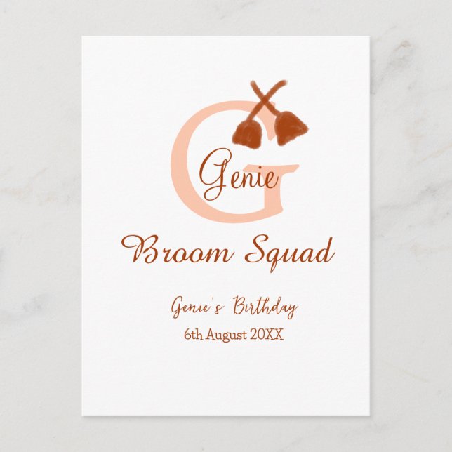 Brown broom Squad Birthday name peach monogram Postcard (Front)