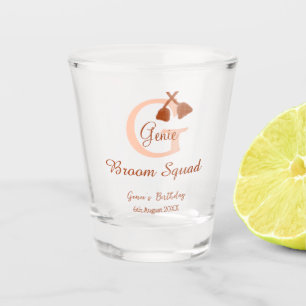 Brown broom Squad Birthday name peach monogram Shot Glass
