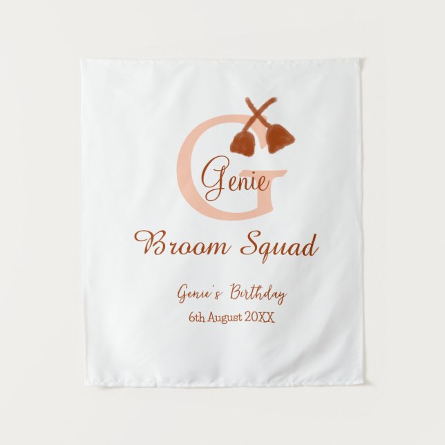 Brown broom Squad Birthday name peach monogram Tapestry (Front)