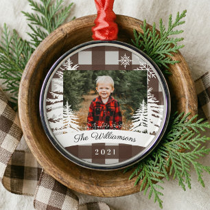 Brown Buffalo Plaid Rustic Pine Trees Family Photo Metal Tree Decoration