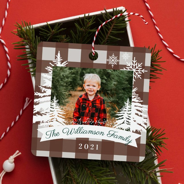 Brown Buffalo Plaid Rustic Pine Trees Family Photo Metal Tree Decoration (Brown Buffalo Plaid Rustic Pine Trees Family Photo Metal Ornament)