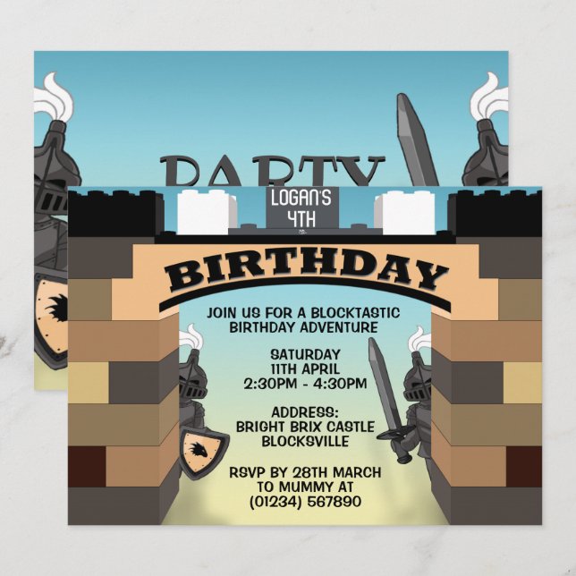 Brown Building Blocks Castle Birthday Invitations (Front/Back)