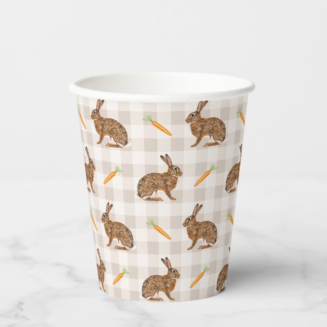 Brown Bunnies And Carrots Rustic Rabbit Pattern Paper Cups (Front)