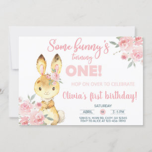 Brown bunny and pink flowers girl invite. invitation