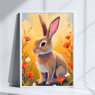 Brown Bunny Floral Field Animal Painting Art Poster