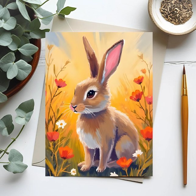 Brown Bunny Floral Field Animal Painting Card (Creator Uploaded)
