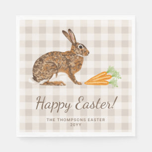 Brown Bunny Hare And Carrots Happy Easter Beige Napkin
