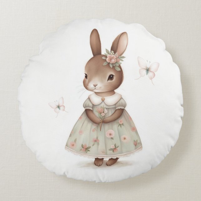 Brown Bunny in a Floral Dress Round Cushion (Front)