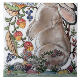 Brown Bunny Rabbit Bird Floral Mural Bottom Face L Tile