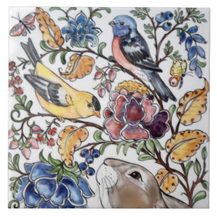 Brown Bunny Rabbit Bird Floral Top Faces L Tile